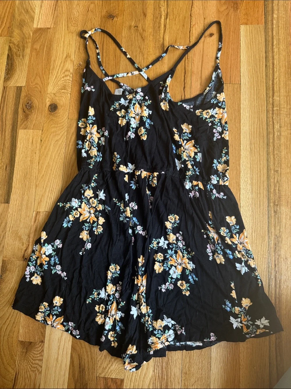 Black Floral Strappy Romper - Yellow & Blue Flowers